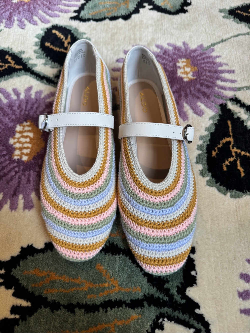 Aldo White-Strap Pastel Stripe Crochet Mary Jane Shoes
